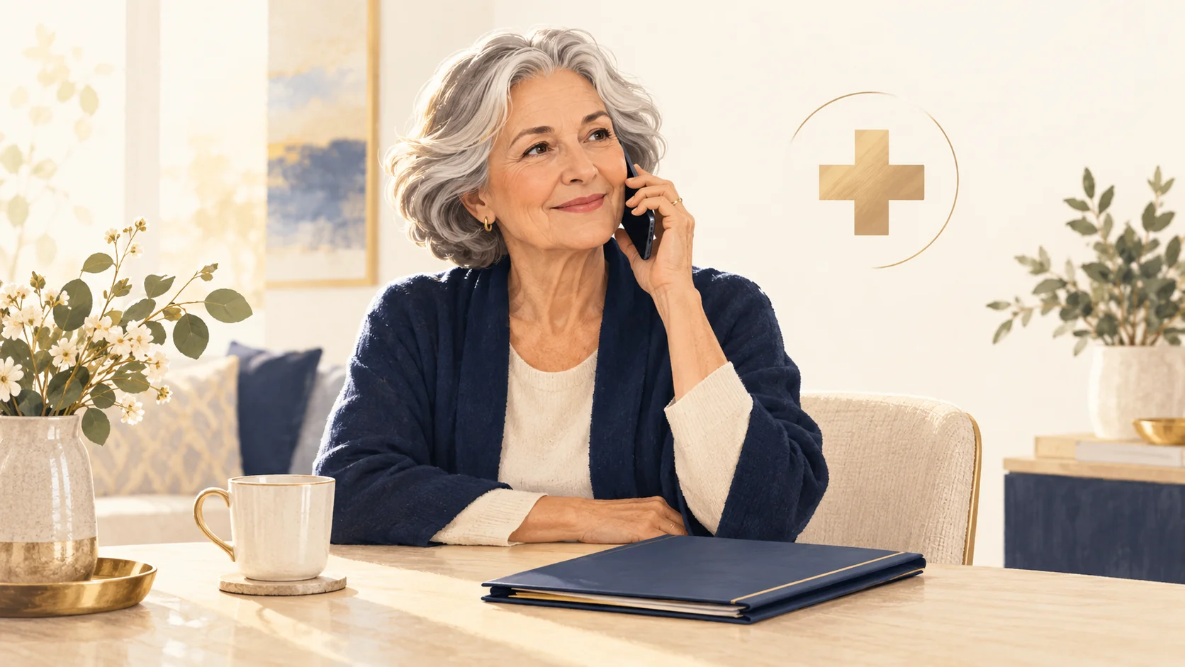Illustration of an older woman speaking by phone beside an insurance folder.