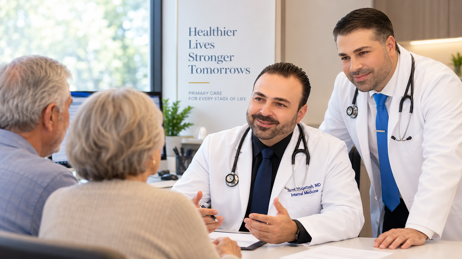 Two Finesse Primary Care physicians consulting with an older couple.