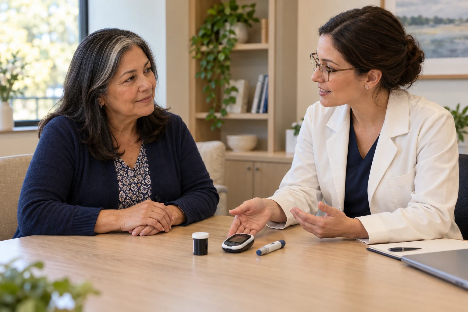 Diabetes Care Follow-Up - Finesse Primary Care | Apple Valley & Rancho Cucamonga CA - Finesse Primary Care | Apple Valley & Rancho Cucamonga CA An adult woman discussing a blood glucose meter and testing supplies with a clinician.