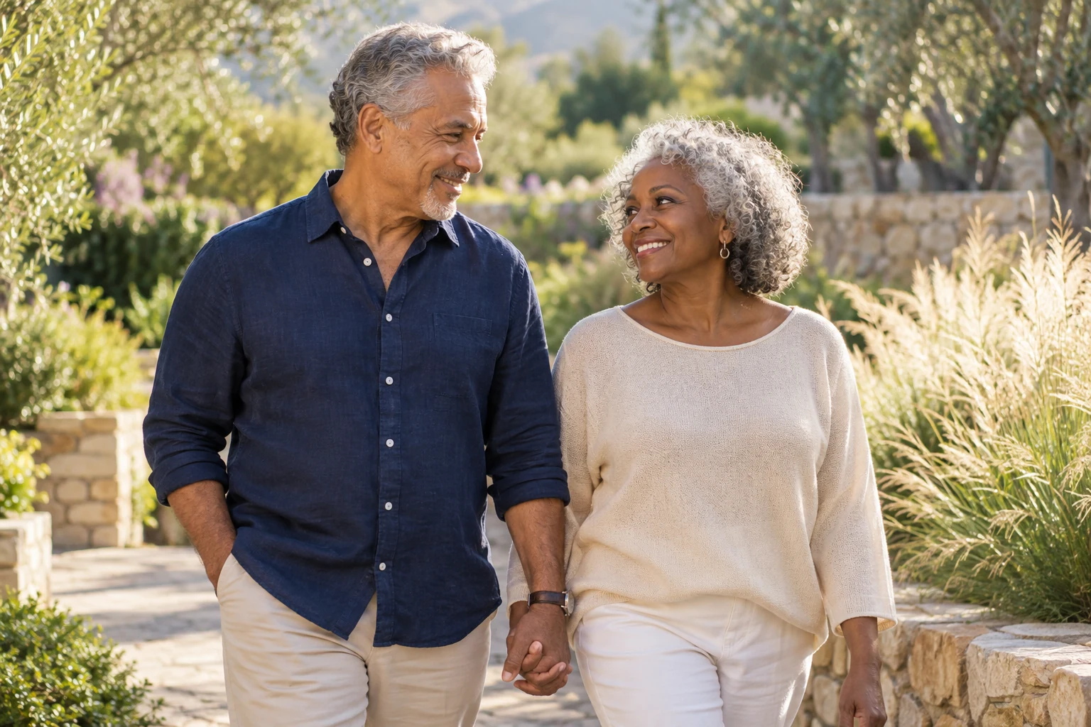 Senior wellness - Finesse Primary Care | Apple Valley & Rancho Cucamonga CA - Finesse Primary Care | Apple Valley & Rancho Cucamonga CA Older couple walking together in a sunlit garden